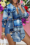 Royal Blue Casual Graphics Print Shirt Collar Long Sleeve Vacation Side Slit Blouse