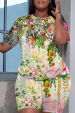 Yellow Casual Floral Print O Neck Short Sleeve Oversize T-Shirt And Shorts Two Pieces Shorts Sets