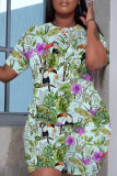 Yellow Casual Floral Print O Neck Short Sleeve Oversize T-Shirt And Shorts Two Pieces Shorts Sets