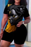 Black Gold Casual Figure Print O Neck Short Sleeve Oversize T-Shirt And Shorts Two Pieces Shorts Set