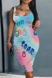Orange Casual Graphcis Print U Neck Sleeveless Vacation Bodycon Midi Tank Dress