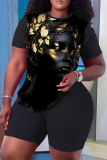 Black Gold Casual Figure Print O Neck Short Sleeve Oversize T-Shirt And Shorts Two Pieces Shorts Set