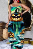 Black White Halloween Pumpkin Print U Neck Backless Spaghetti Strap Floor Length Vacation Baggy Sundress Slip Maxi Dress