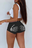 Black Skull Hand Print Mid Waist Skinny Shorts Hotpants