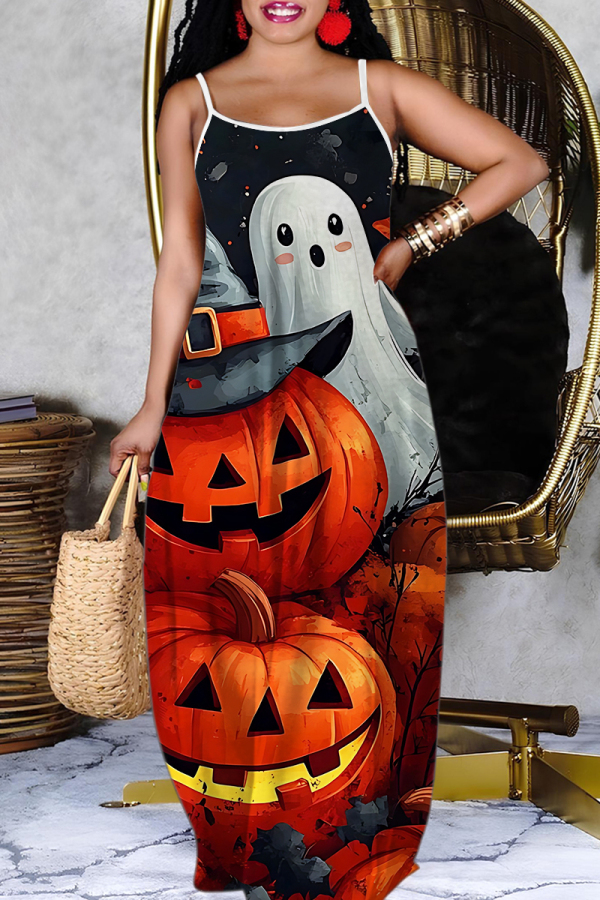 Black White Halloween Pumpkin Print U Neck Backless Spaghetti Strap Floor Length Vacation Baggy Sundress Slip Maxi Dress