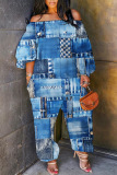 Blue Graphcis Print Off Shoulder Long Sleeve Casual Vacation Harem Leg Jumpsuits