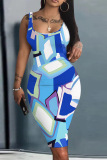 Orange Casual Graphcis Print U Neck Sleeveless Vacation Bodycon Midi Tank Dress