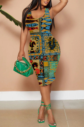 Black Orange Casual Graphcis Print U Neck Sleeveless Vacation Bodycon Midi Tank Dress