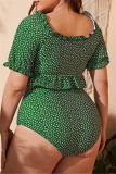 Orange Casual Floral Print Belted V Neck Short Sleeve Ruffle Trim Crop Tops And Mini Shorts Bikini Sets Beach Vacation Plus Size Swimwears