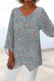 Pink Casual Print V Neck Long Sleeve Irregular Hem Vacation Blouse