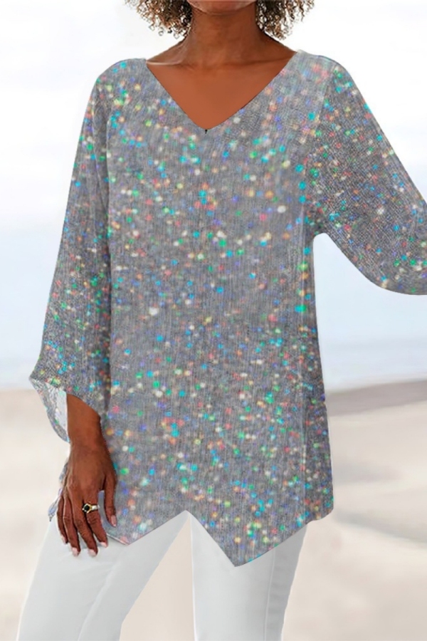 Pink Casual Print V Neck Long Sleeve Irregular Hem Vacation Blouse