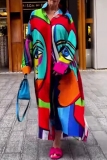 Multicolor Casual Face Print Turndown Collar Long Sleeve Buttons Loose Vacation Maxi Shirt Dresses