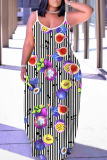 White Black Floral Print U Neck Backless Spaghetti Strap Floor Length Vacation Baggy Sundress Slip Maxi Dress