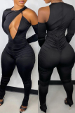 Black O Neck Long Sleeve Hollow Out Ruched Skinny Jumpsuits One Piece Bodysuit