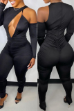 Black O Neck Long Sleeve Hollow Out Ruched Skinny Jumpsuits One Piece Bodysuit