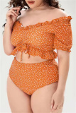 Orange Casual Floral Print Belted V Neck Short Sleeve Ruffle Trim Crop Tops And Mini Shorts Bikini Sets Beach Vacation Plus Size Swimwears