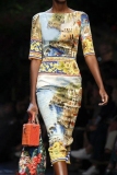 Yellow Casual Graphics Print O Neck Half Sleeve One Step Skirt Vacation Bodycon Midi Dresses
