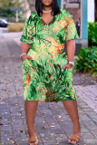 Blue And White Graphisc Print Casual V Neck Short Sleeve Loose Pockets Midi T-Shirt Dress