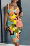 Orange Casual Graphcis Print U Neck Sleeveless Vacation Bodycon Midi Tank Dress