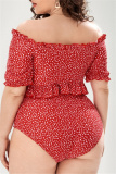 Orange Casual Floral Print Belted V Neck Short Sleeve Ruffle Trim Crop Tops And Mini Shorts Bikini Sets Beach Vacation Plus Size Swimwears