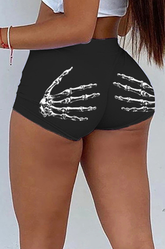Black Skull Hand Print Mid Waist Skinny Shorts Hotpants