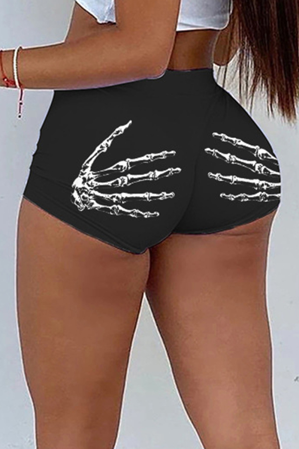 Black Skull Hand Print Mid Waist Skinny Shorts Hotpants