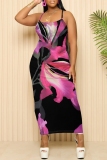 Rose Red Casual Floral Print Sleeveless Backless Spaghetti Strap U Neck Vacation Bodycon Maxi Slip Dress