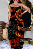 Black White Halloween Pumpkin Print U Neck Backless Spaghetti Strap Floor Length Vacation Baggy Sundress Slip Maxi Dress