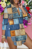 Royal Blue Casual Graphics Print Shirt Collar Long Sleeve Vacation Side Slit Blouse