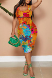 Black Orange Casual Graphcis Print U Neck Sleeveless Vacation Bodycon Midi Tank Dress
