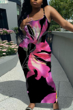 Rose Red Casual Floral Print Sleeveless Backless Spaghetti Strap U Neck Vacation Bodycon Maxi Slip Dress