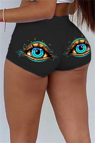Black Eye Print Mid Waist Skinny Shorts Hotpants