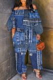 Blue Graphcis Print Off Shoulder Long Sleeve Casual Vacation Harem Leg Jumpsuits