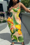 Rose Red Casual Floral Print Sleeveless Backless Spaghetti Strap U Neck Vacation Bodycon Maxi Slip Dress