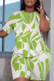 Yellow Casual Floral Print O Neck Short Sleeve Oversize T-Shirt And Shorts Two Pieces Shorts Sets