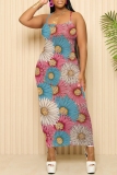 Rose Red Casual Floral Print Sleeveless Backless Spaghetti Strap U Neck Vacation Bodycon Maxi Slip Dress