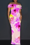 Multicolor Floral Print Off Shoulder Flutter Sleeve Backless High Slit Long Formal Party Evening Bodycon Maxi Dress