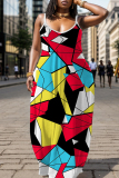 Pink Graphics Print U Neck Backless Spaghetti Strap Floor Length Vacation Baggy Sundress Slip Maxi Dress