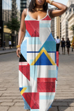 Pink Graphics Print U Neck Backless Spaghetti Strap Floor Length Vacation Baggy Sundress Slip Maxi Dress
