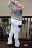 White Casual Geometric Print Mid Waist Double-faced Fleece Pants