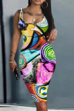 Orange Casual Graphcis Print U Neck Sleeveless Vacation Bodycon Midi Tank Dress