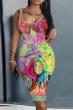 Orange Casual Graphcis Print U Neck Sleeveless Vacation Bodycon Midi Tank Dress