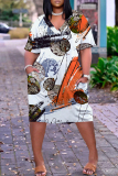 Blue And White Graphisc Print Casual V Neck Short Sleeve Loose Pockets Midi T-Shirt Dress