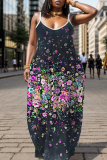 Pink Graphics Print U Neck Backless Spaghetti Strap Floor Length Vacation Baggy Sundress Slip Maxi Dress