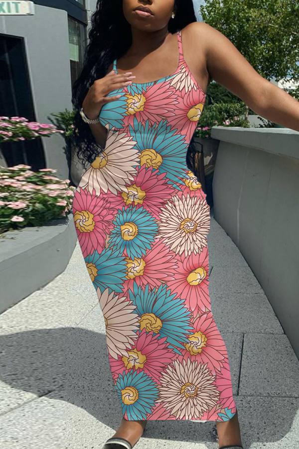 Rose Red Casual Floral Print Sleeveless Backless Spaghetti Strap U Neck Vacation Bodycon Maxi Slip Dress