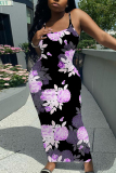Rose Red Casual Floral Print Sleeveless Backless Spaghetti Strap U Neck Vacation Bodycon Maxi Slip Dress
