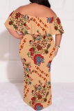 Multicolor Casual Graphics Print Off Shoulder Flutter Sleeve Long Loose Vacation Plus Size Maxi Dresses