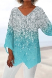 Pink Casual Print V Neck Long Sleeve Irregular Hem Vacation Blouse