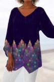 Pink Casual Print V Neck Long Sleeve Irregular Hem Vacation Blouse