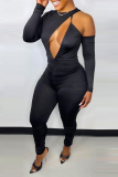 Black O Neck Long Sleeve Hollow Out Ruched Skinny Jumpsuits One Piece Bodysuit
